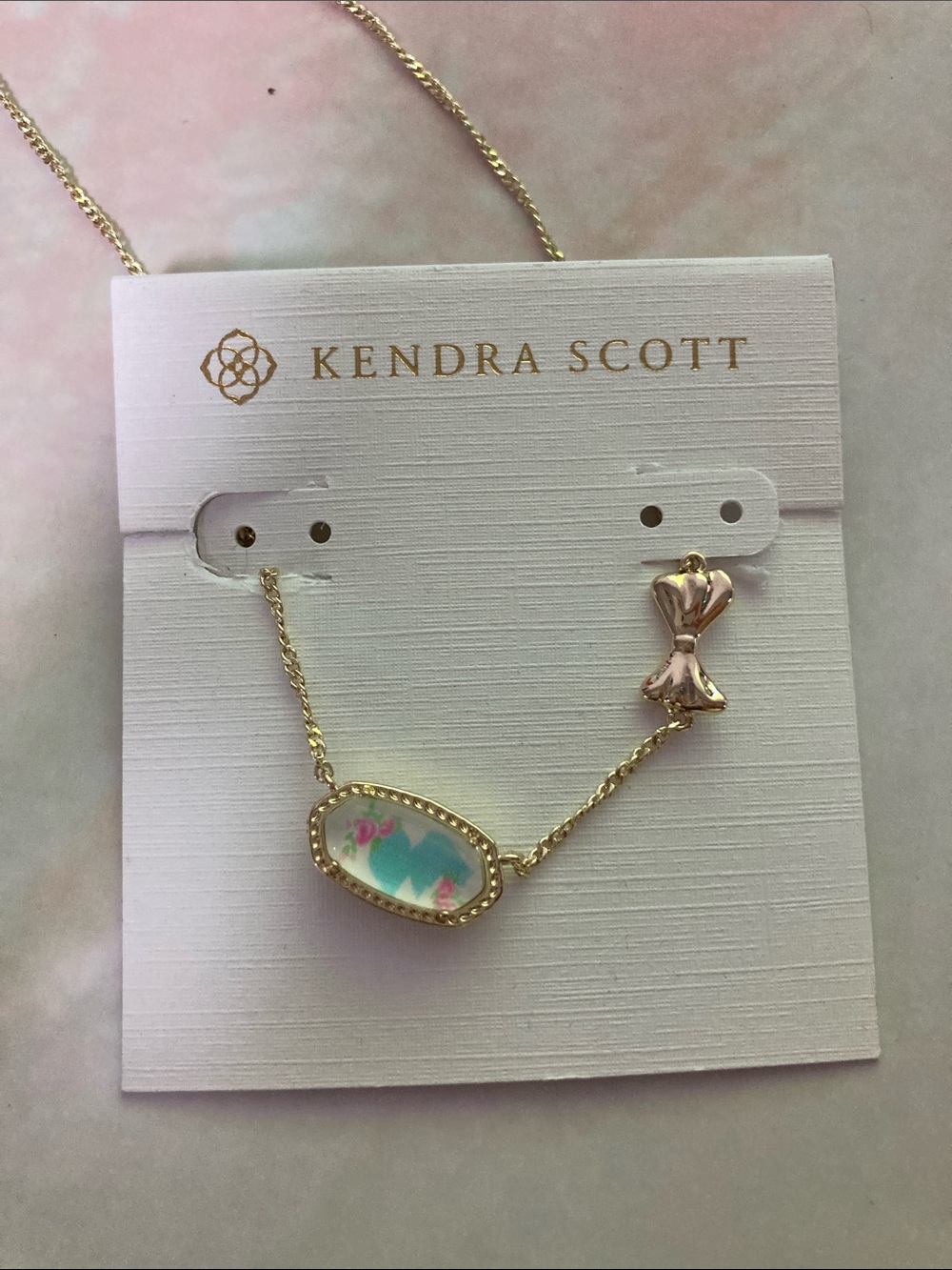 Kendra Scott Gold Necklace with Blue Opal Pendant and Pink Accents
